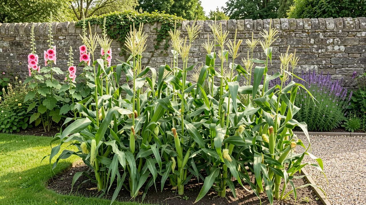 Sweetcorn (Zea mays) cobs ripening on the plant