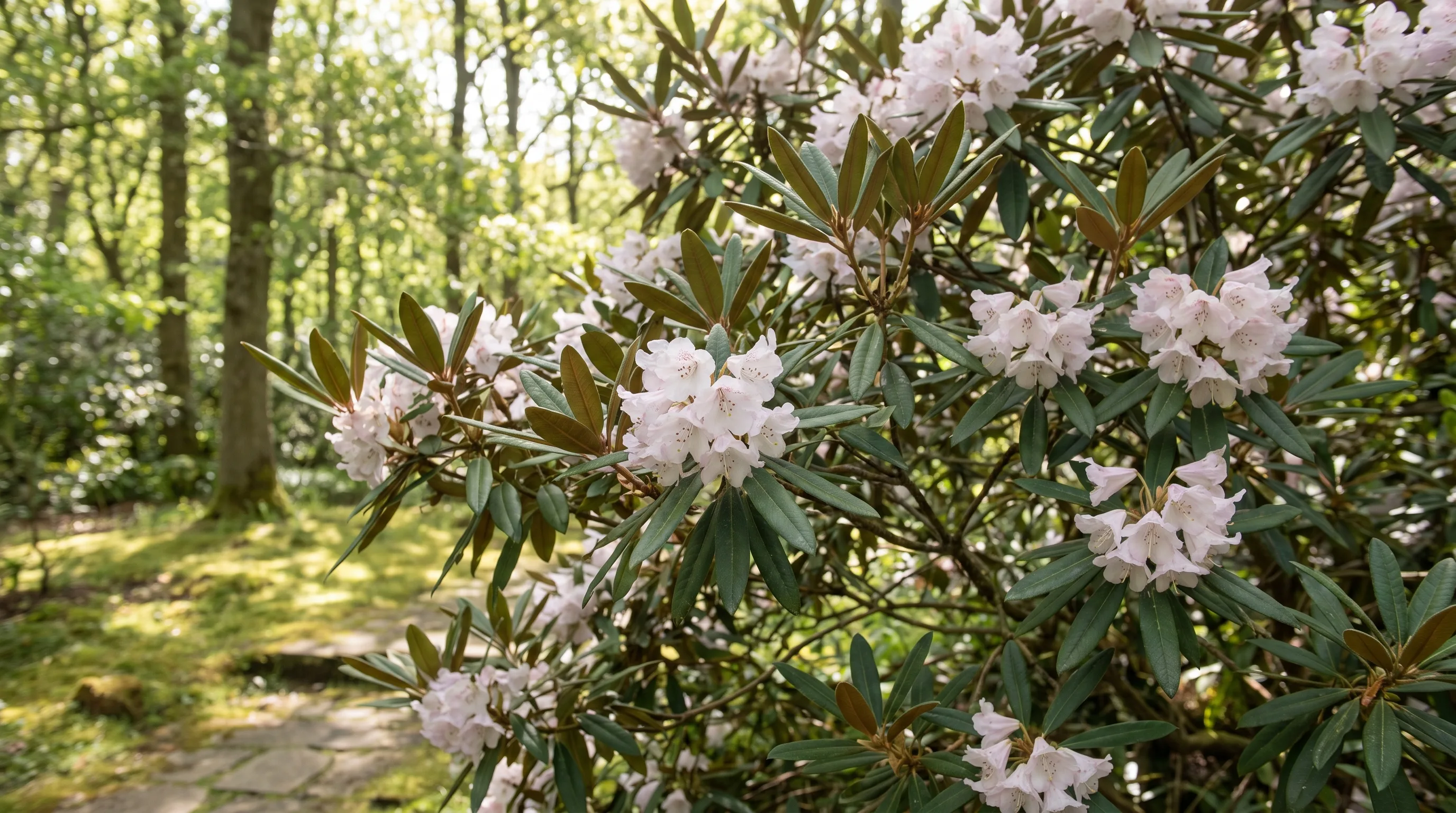 Rhododendron Roxieanum growing in a UK garden setting