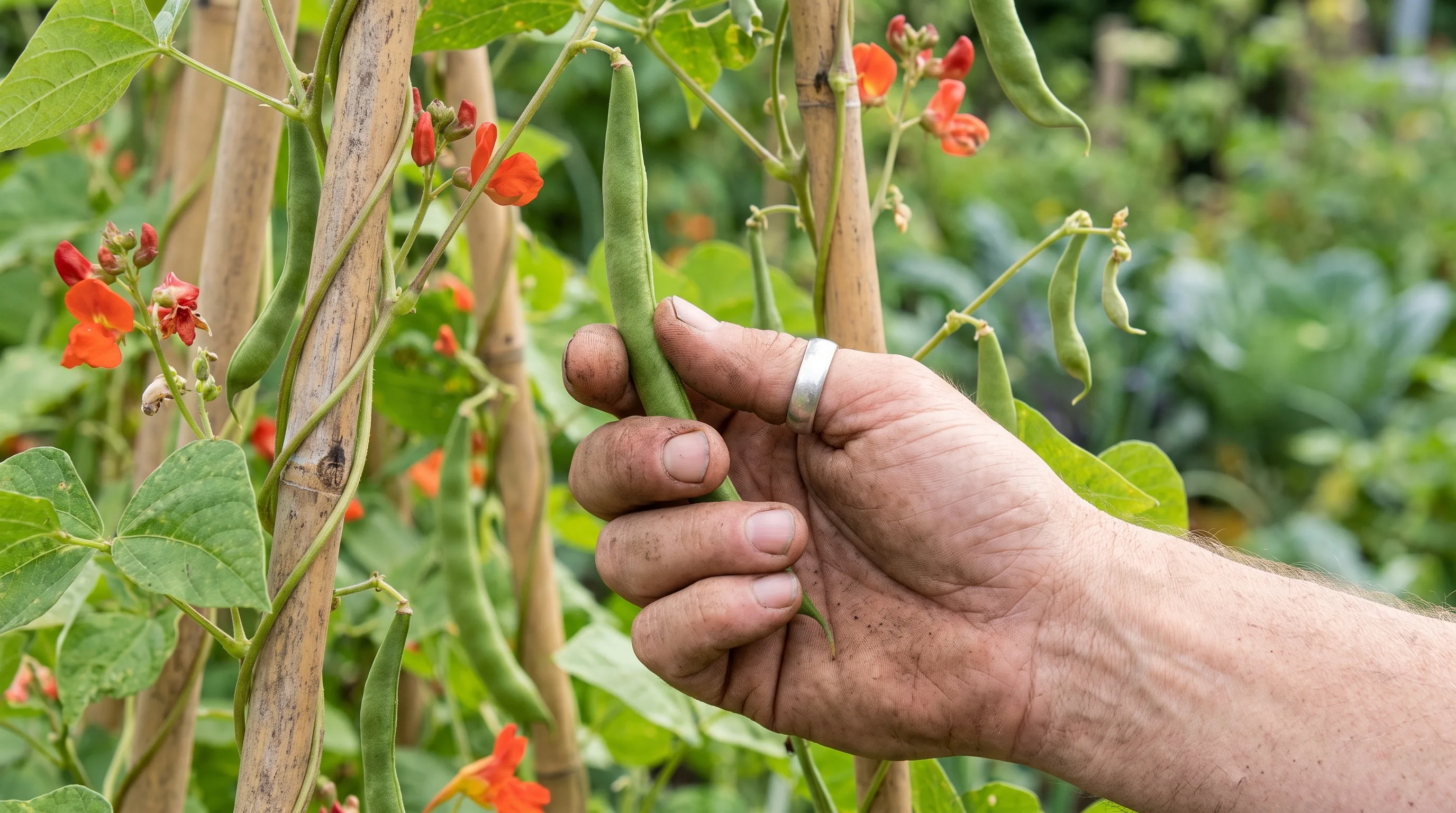 Picking a long runner bean pod from the plant