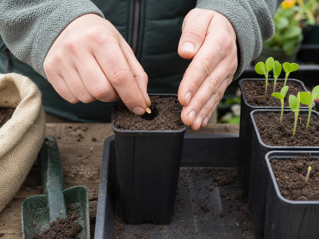 Sweet pea seed being placed in a 1 cm-deep hole in compost in a deep pot