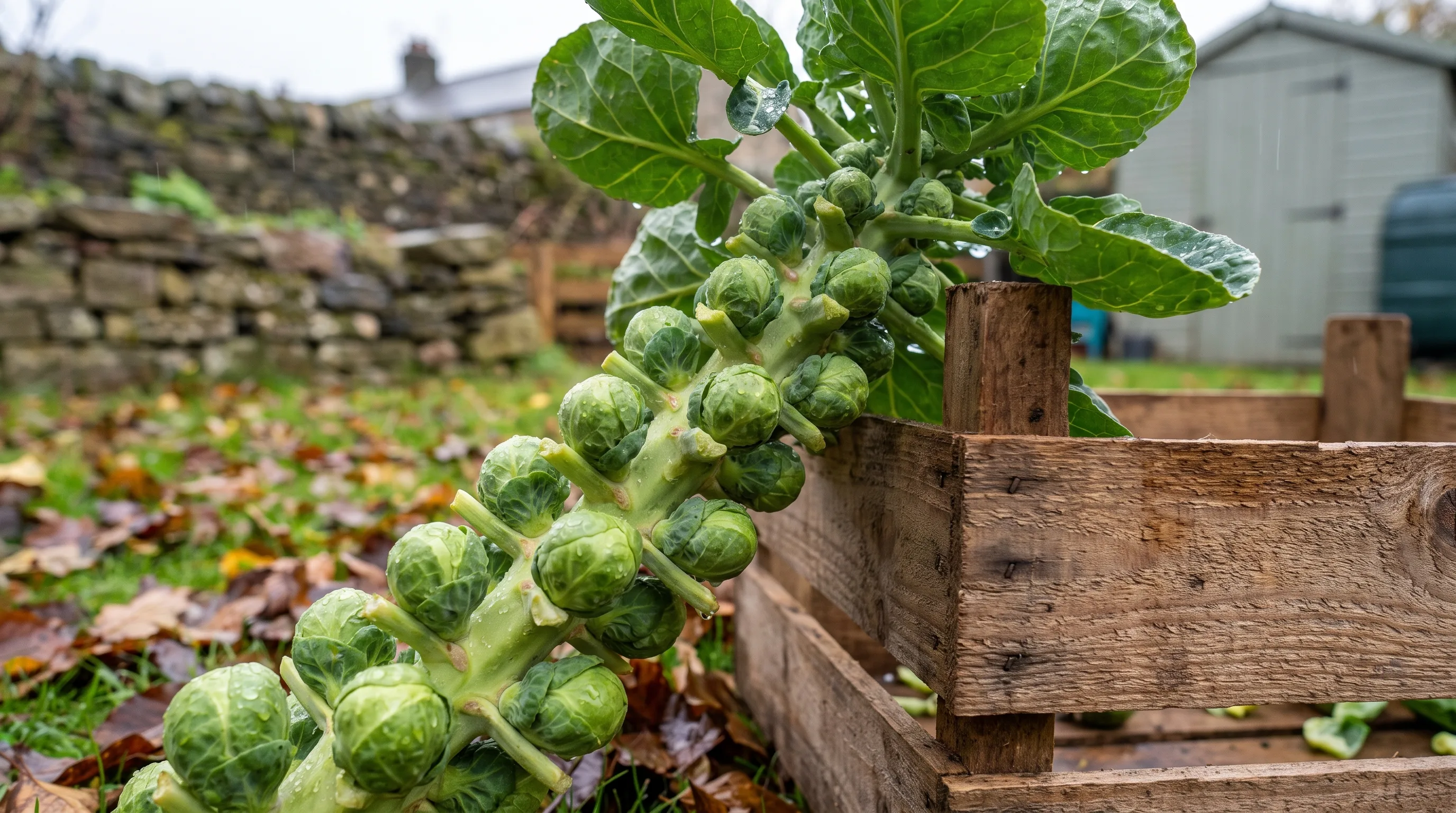 Freshly picked Brussels sprouts on the stalk, close-up