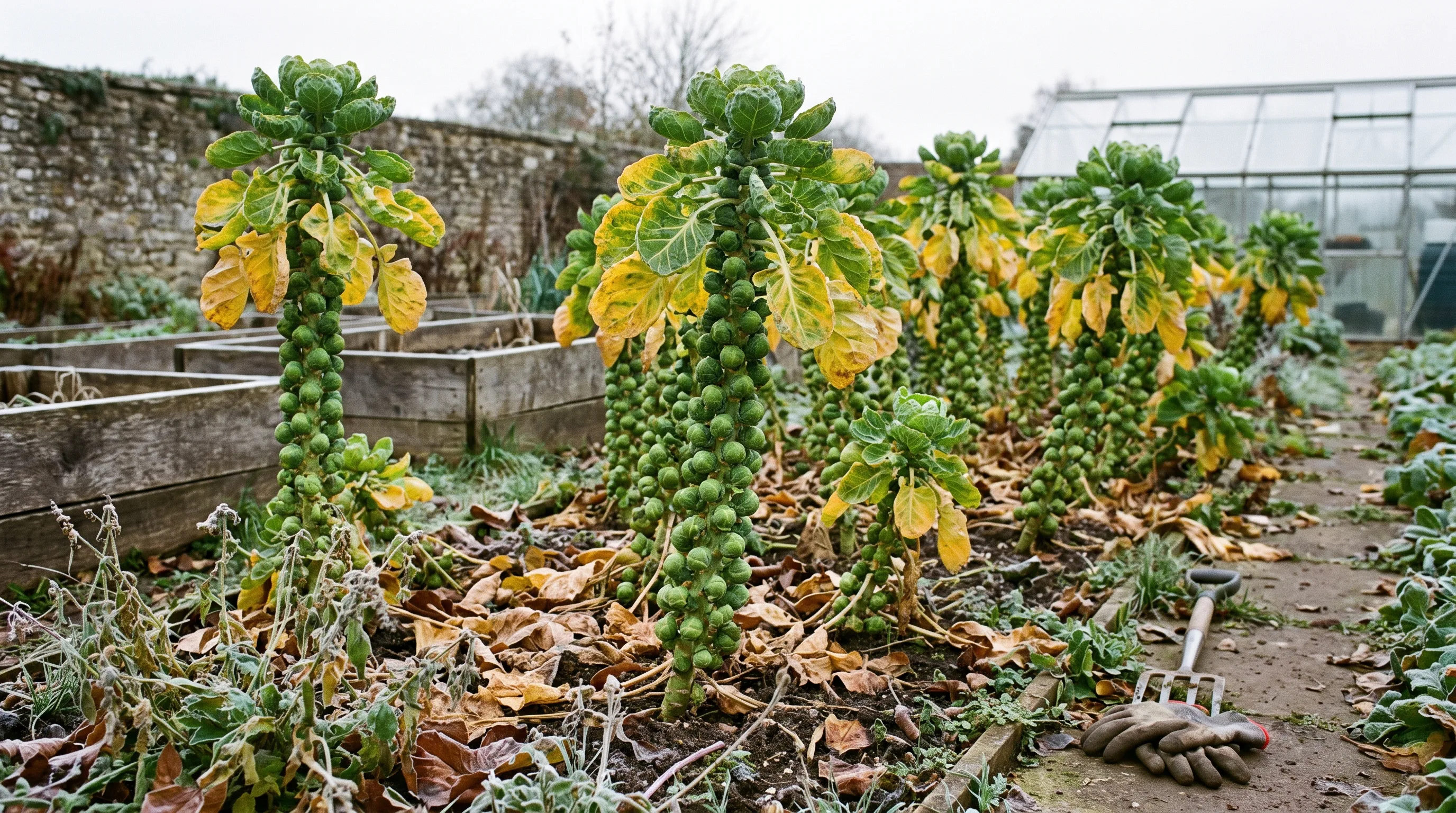 Brussels sprout plants in a UK vegetable bed in late autumn