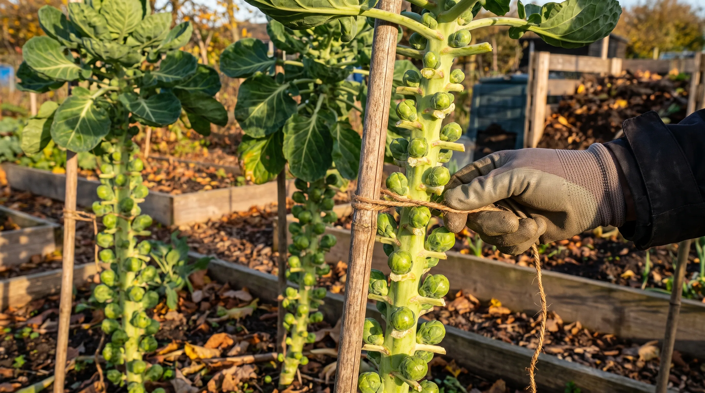 Staking tall brussels sprout plants with canes to prevent wind rock