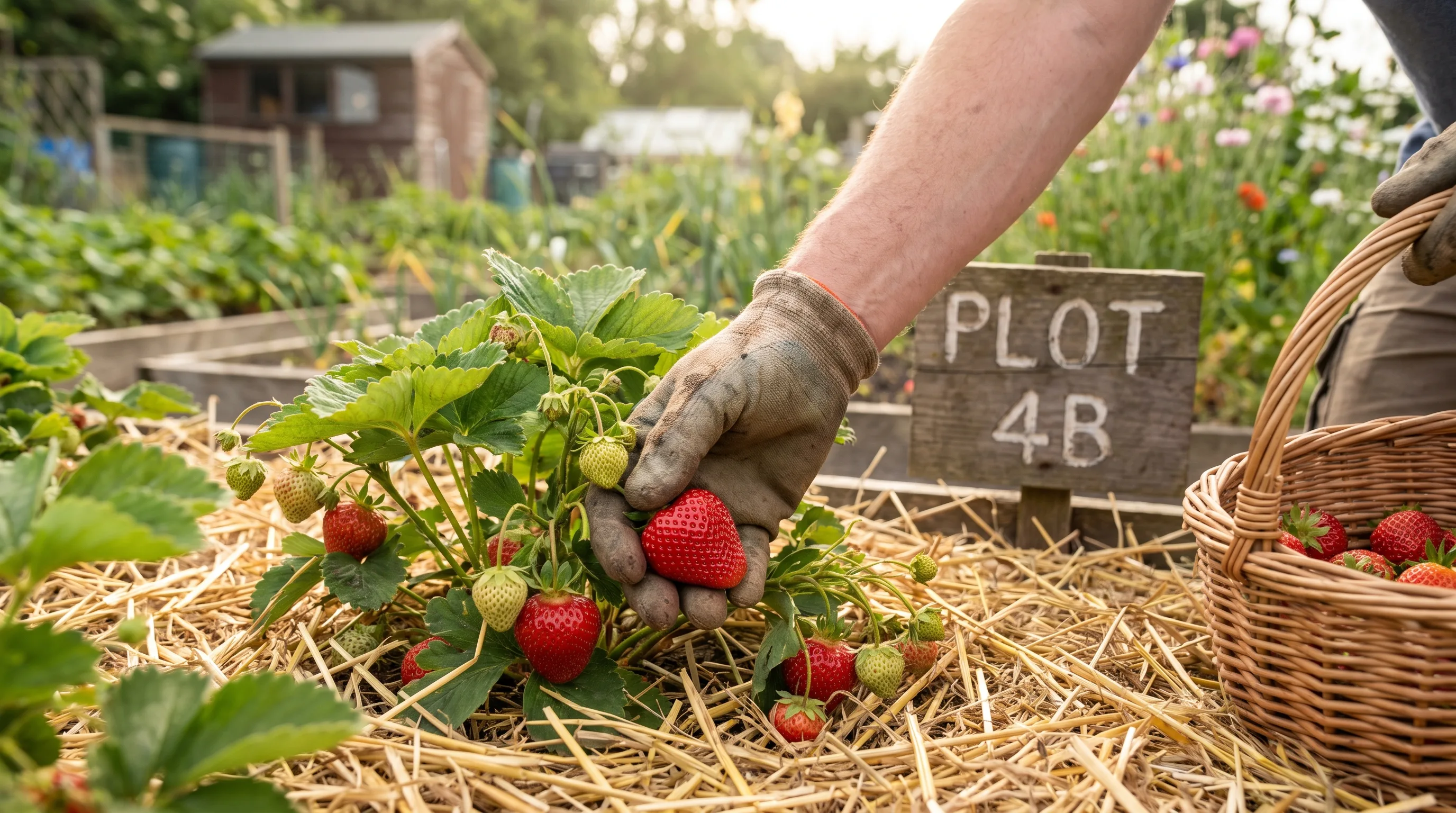 Harvesting ripe strawberries from a straw-mulched bed