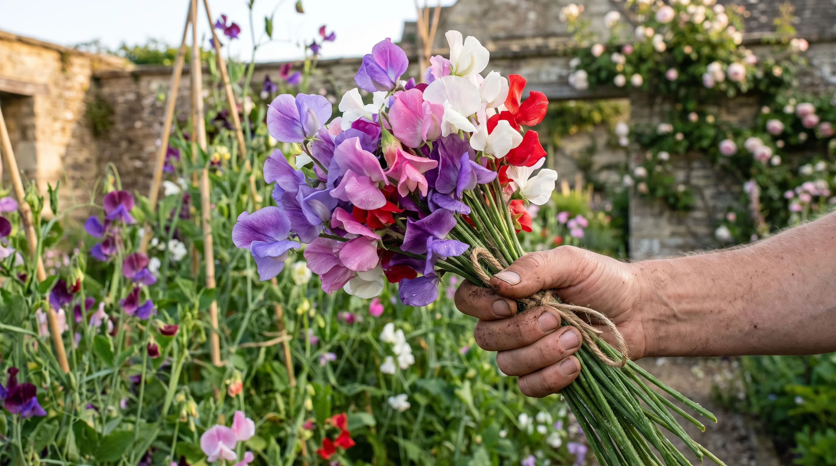 A handful of just-cut sweet peas ready for the vase