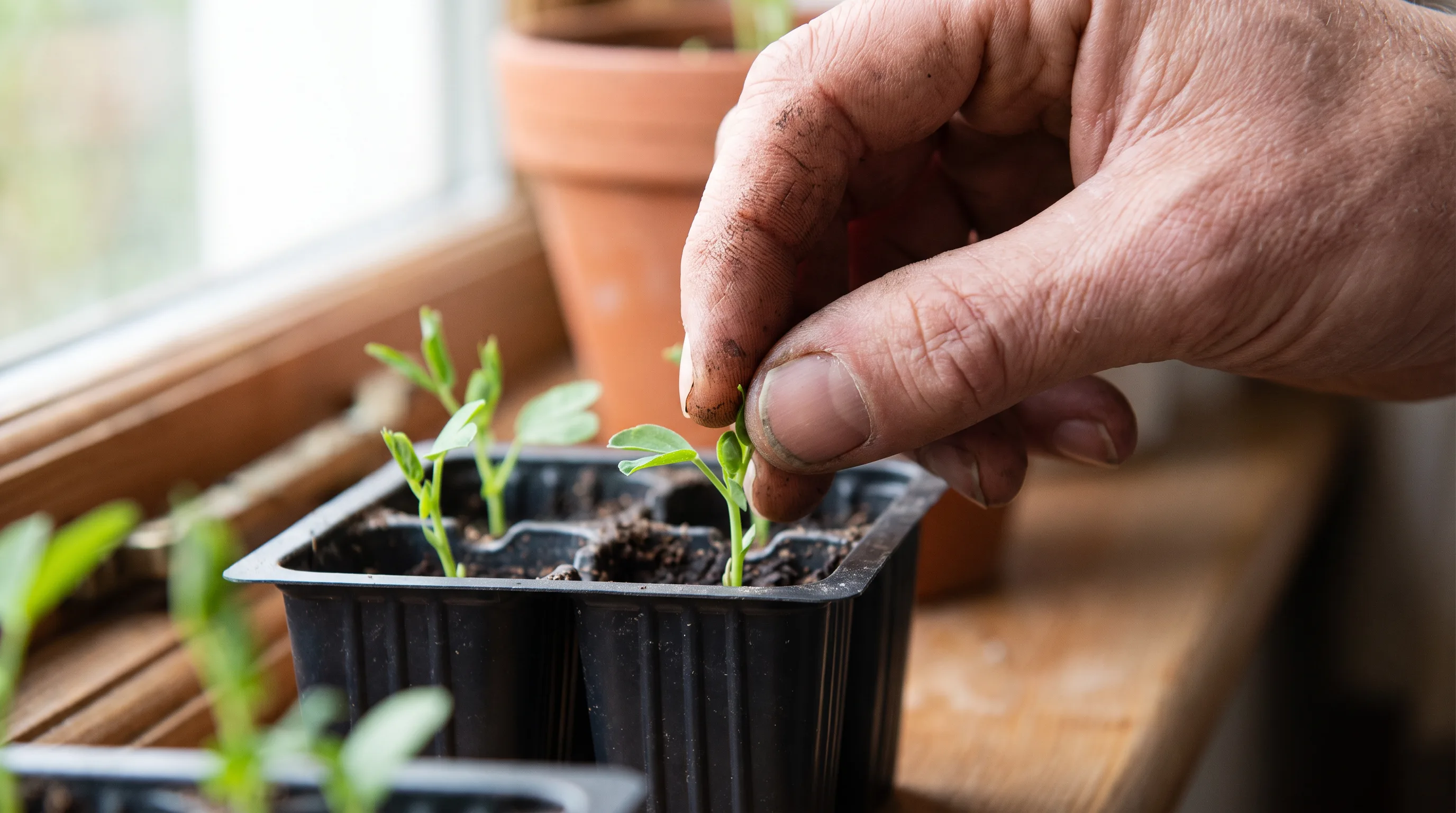 Pinching out the growing tip of a sweet pea seedling