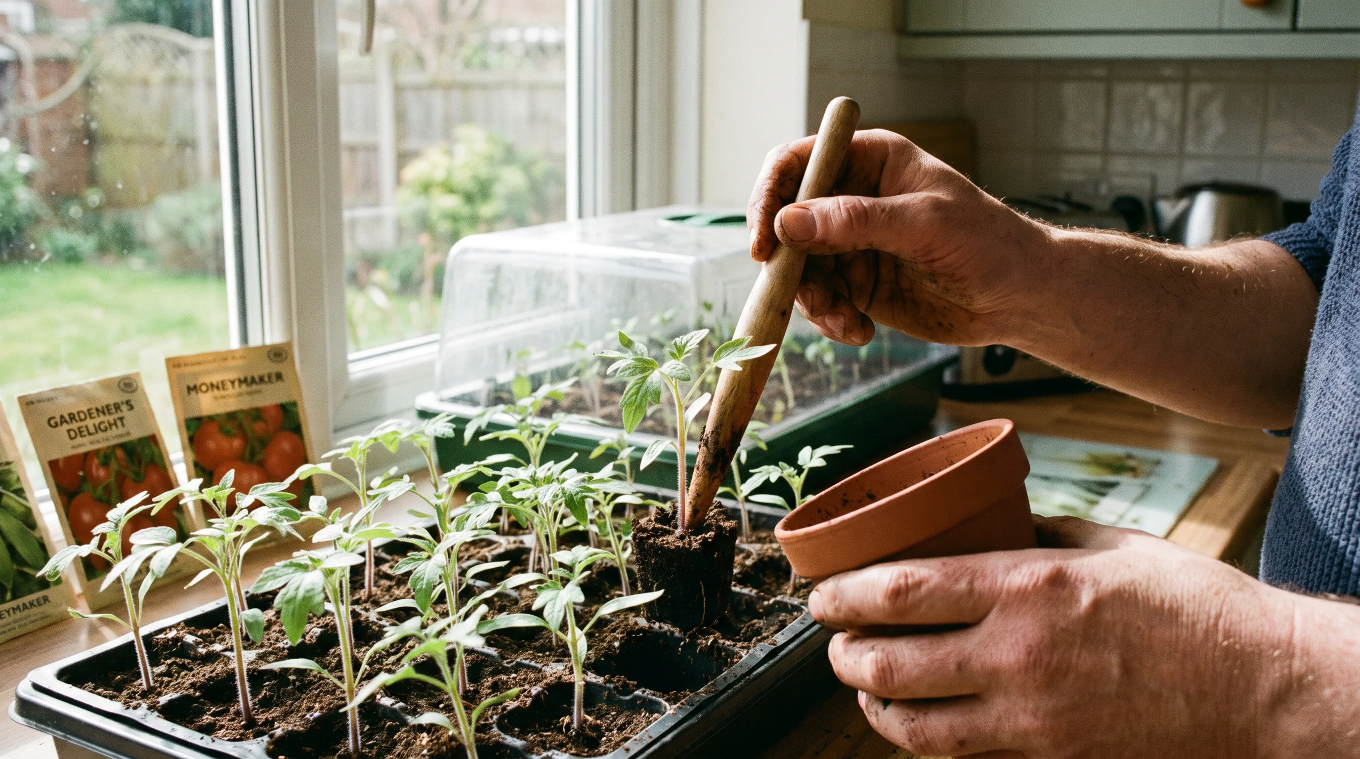 Pricking out tomato seedlings into individual pots on a windowsill