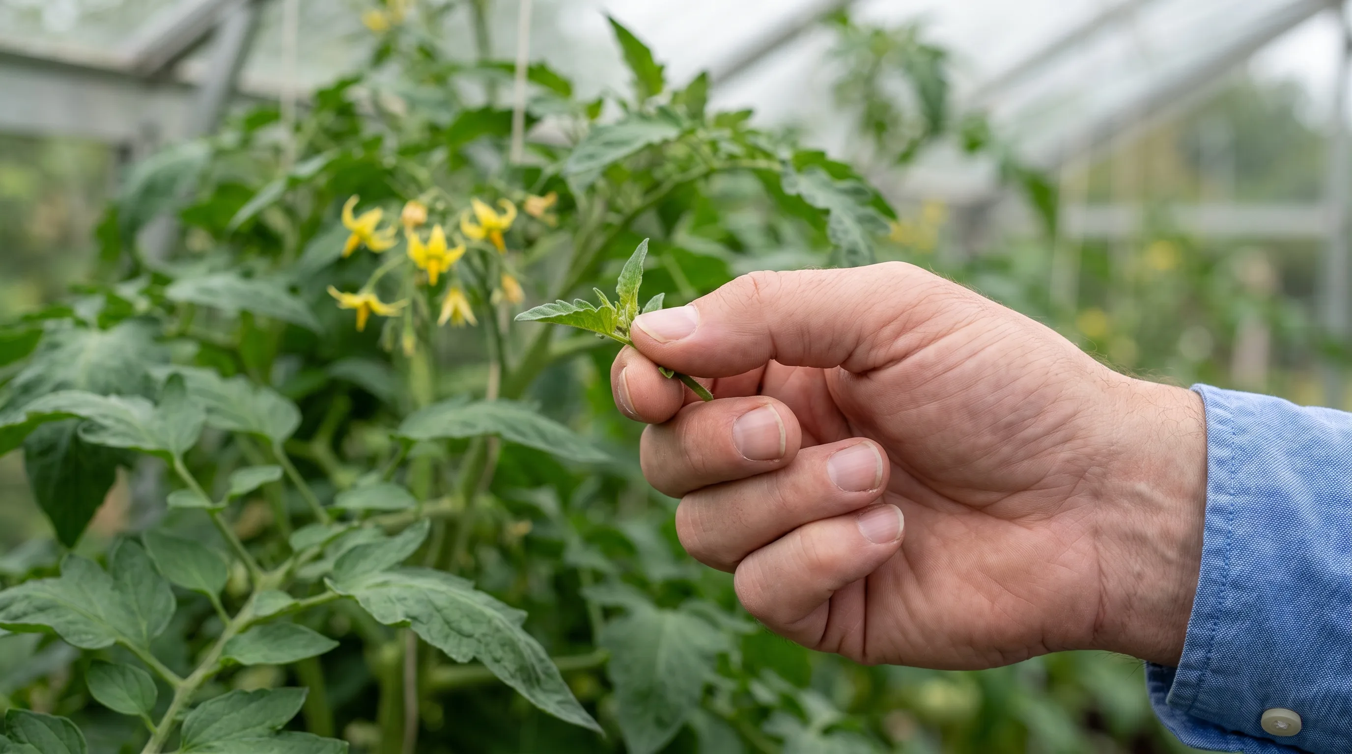 Pinching out tomato side shoots between thumb and forefinger