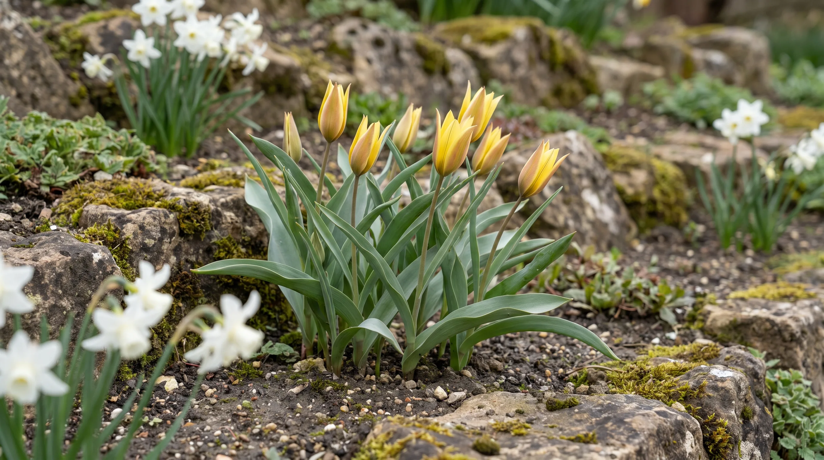 Tulipa Altaica growing in a UK garden setting