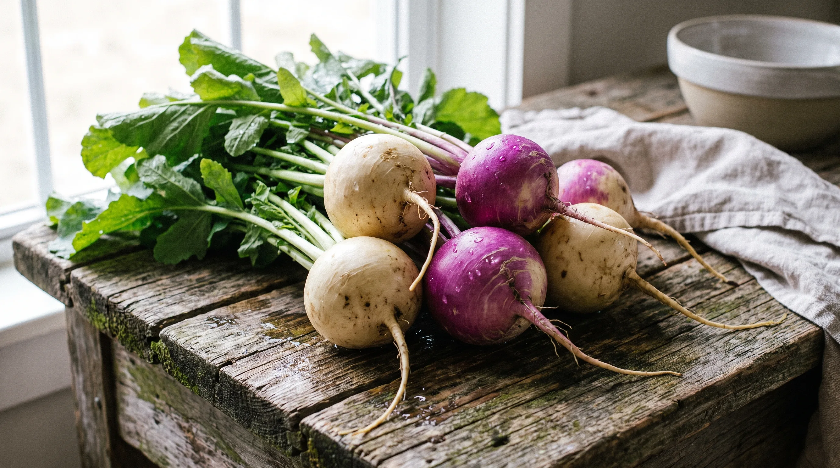 Washed turnips with greens attached, freshly harvested