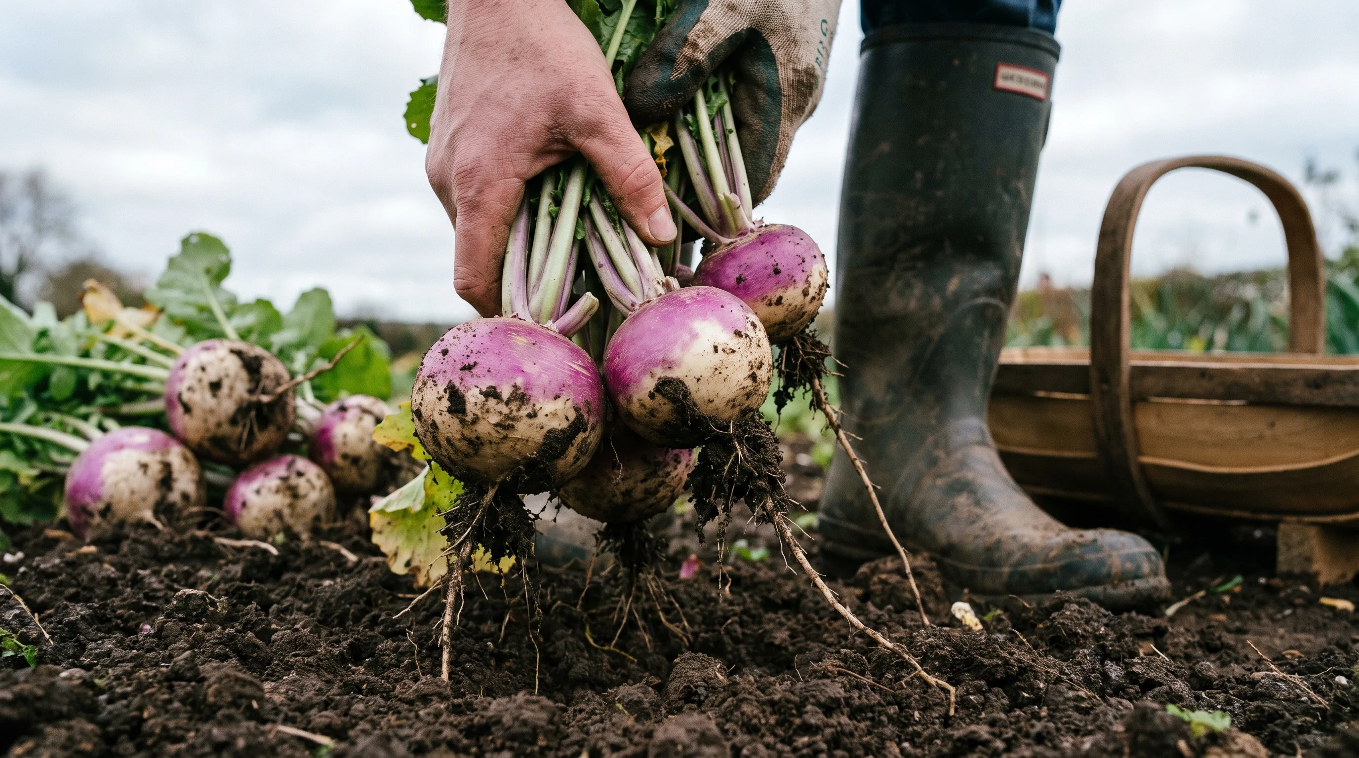 Turnips being lifted from a UK vegetable bed