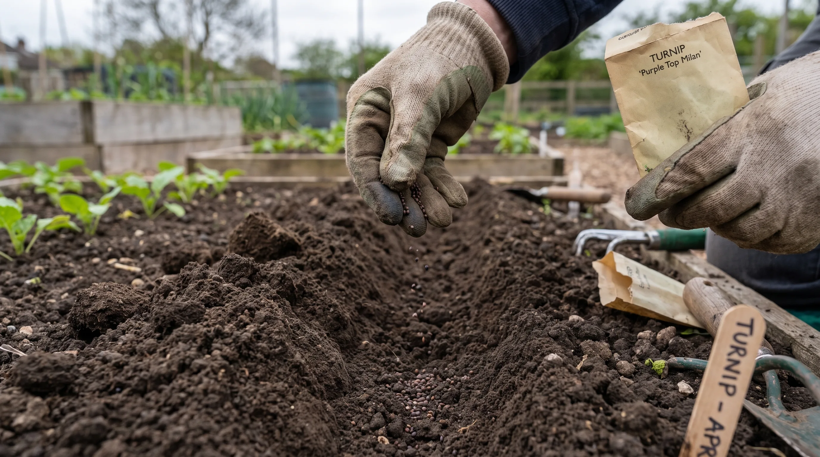 Direct-sowing turnip seeds in a shallow drill in a vegetable bed