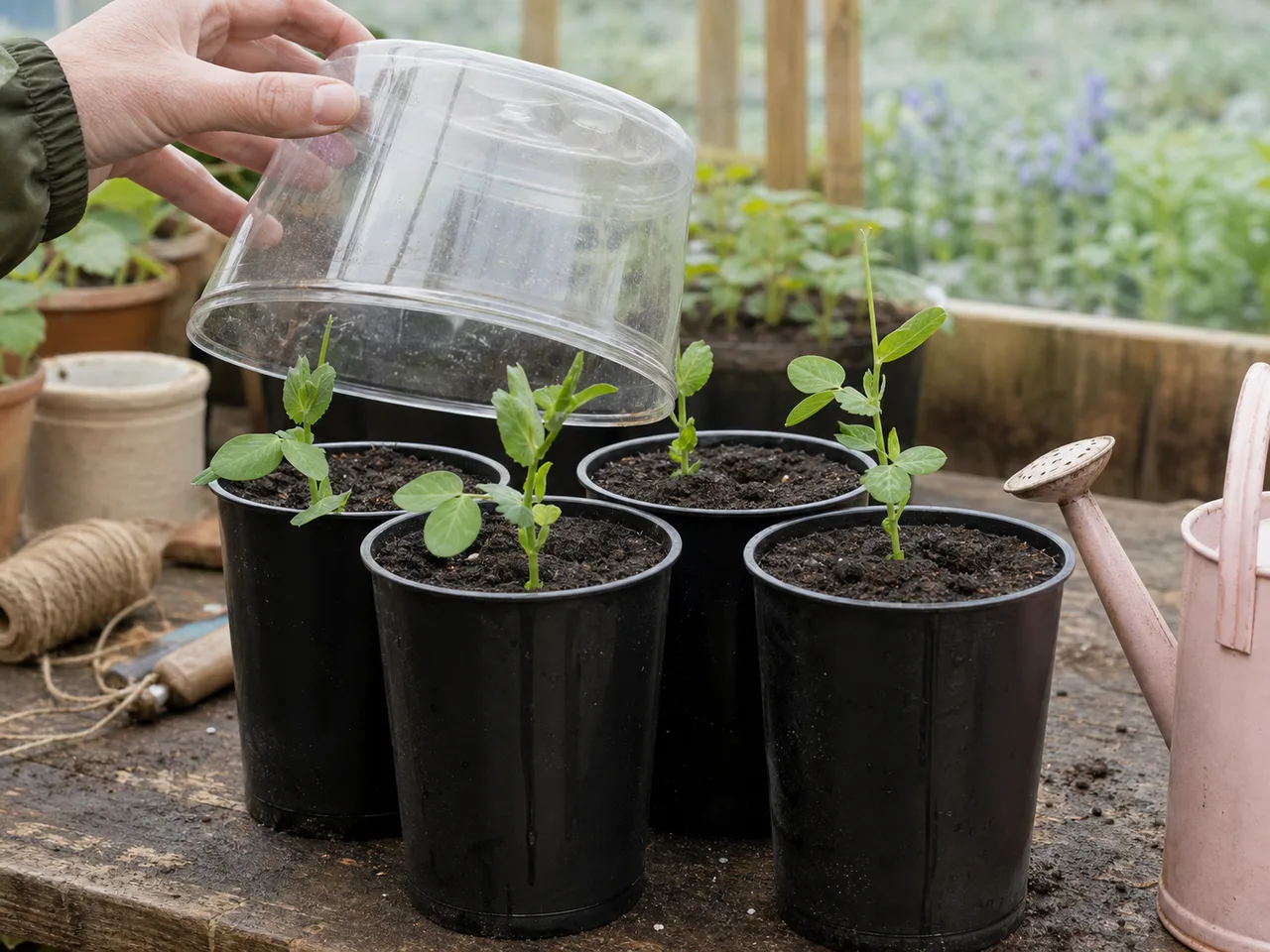 Upright sweet pea seedlings in moist compost as a clear pot cover is removed