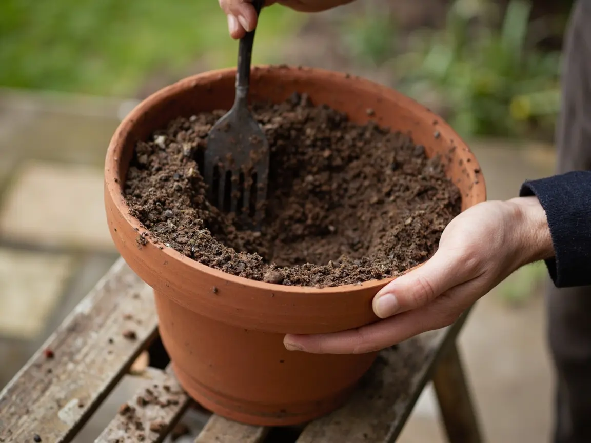 A gardener filling an ornamental-grass pot while keeping the drainage hole unobstructed.
