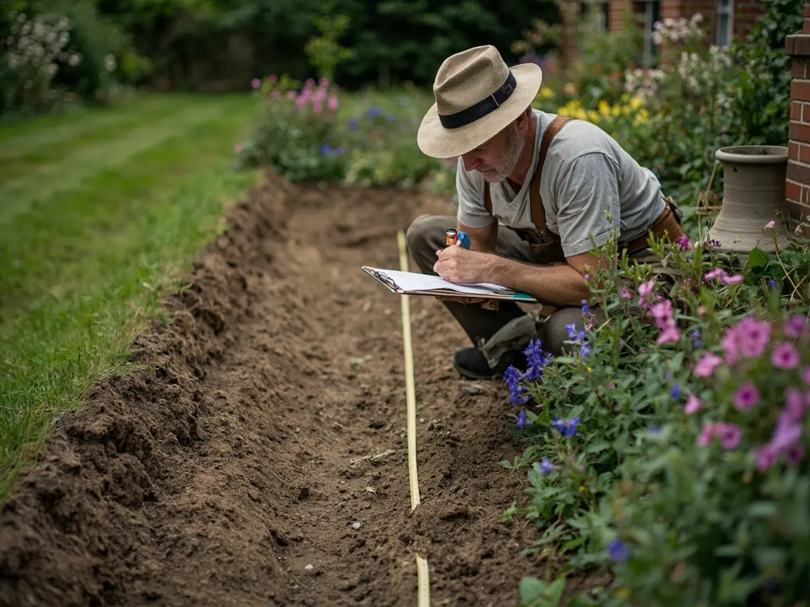A gardener measuring a perennial border site and noting light and soil conditions.