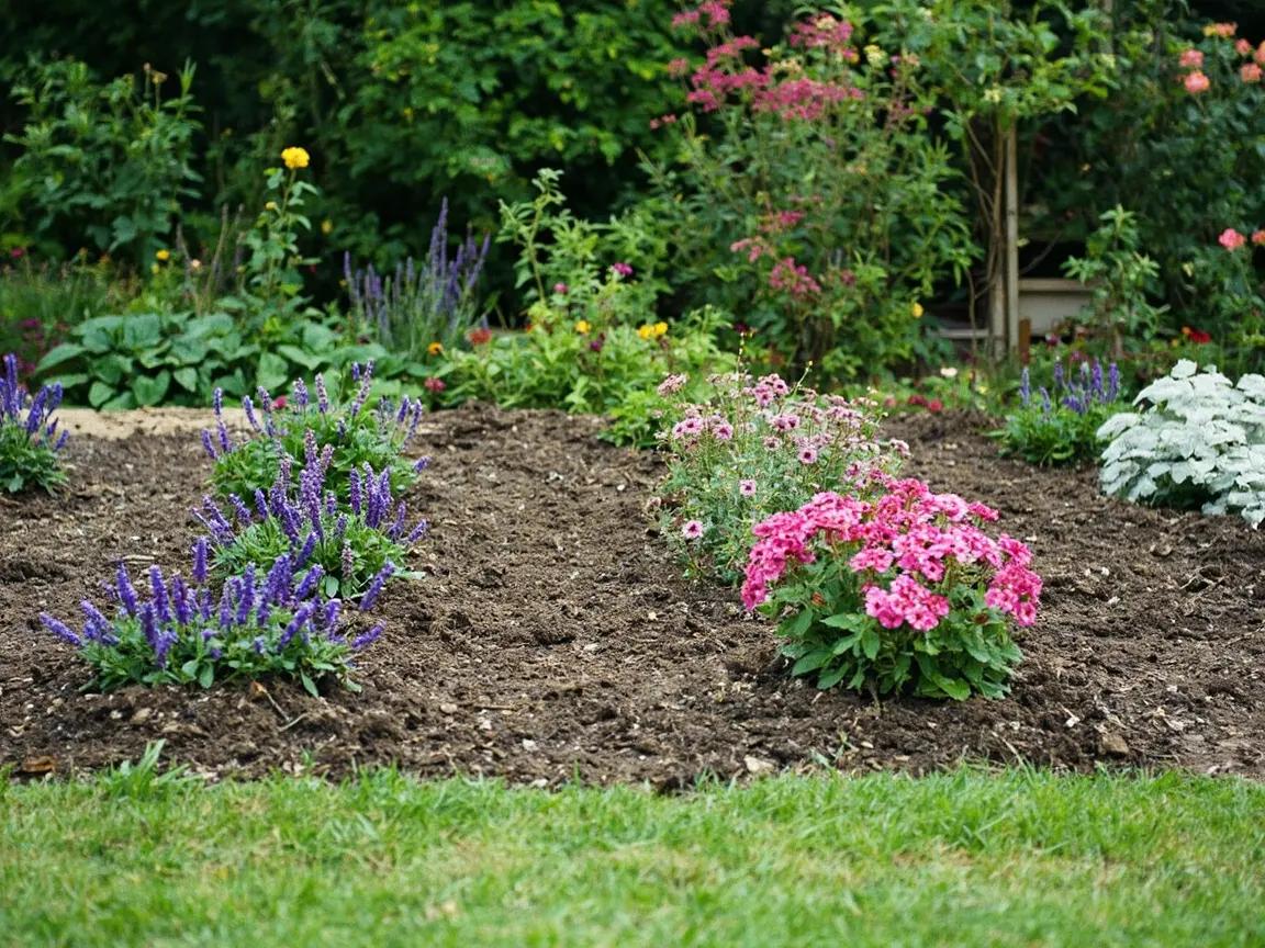 Matching perennial pots grouped in repeated drifts across a prepared border.