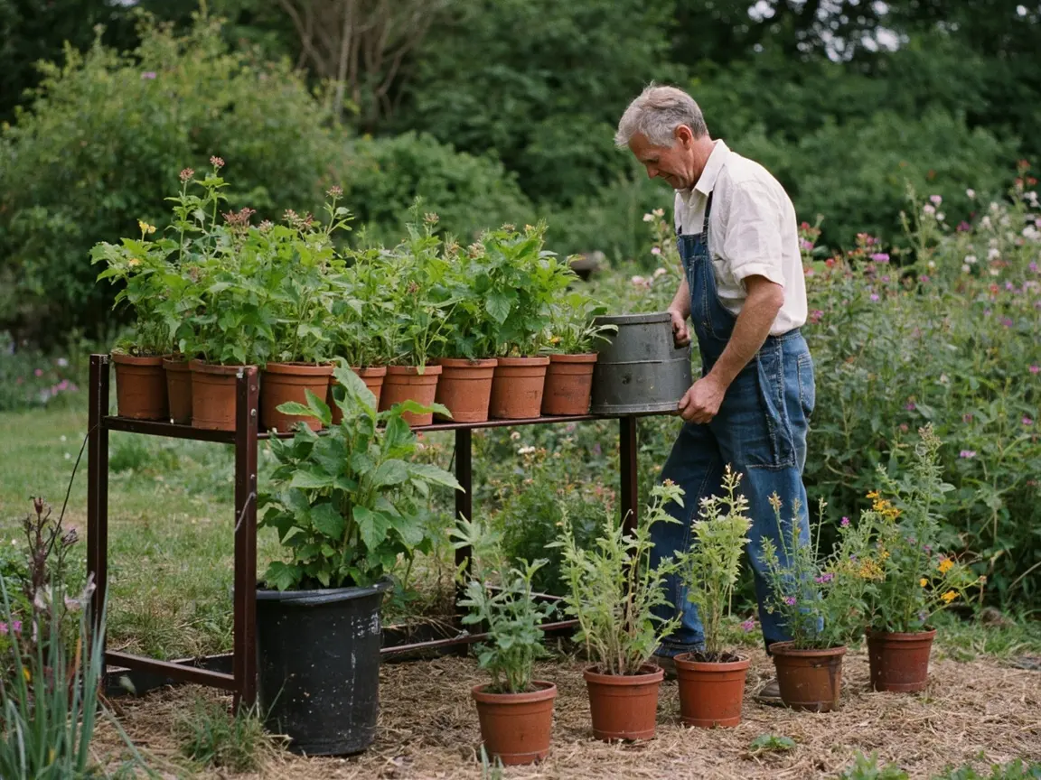Potted perennials arranged in height layers across a border before planting.