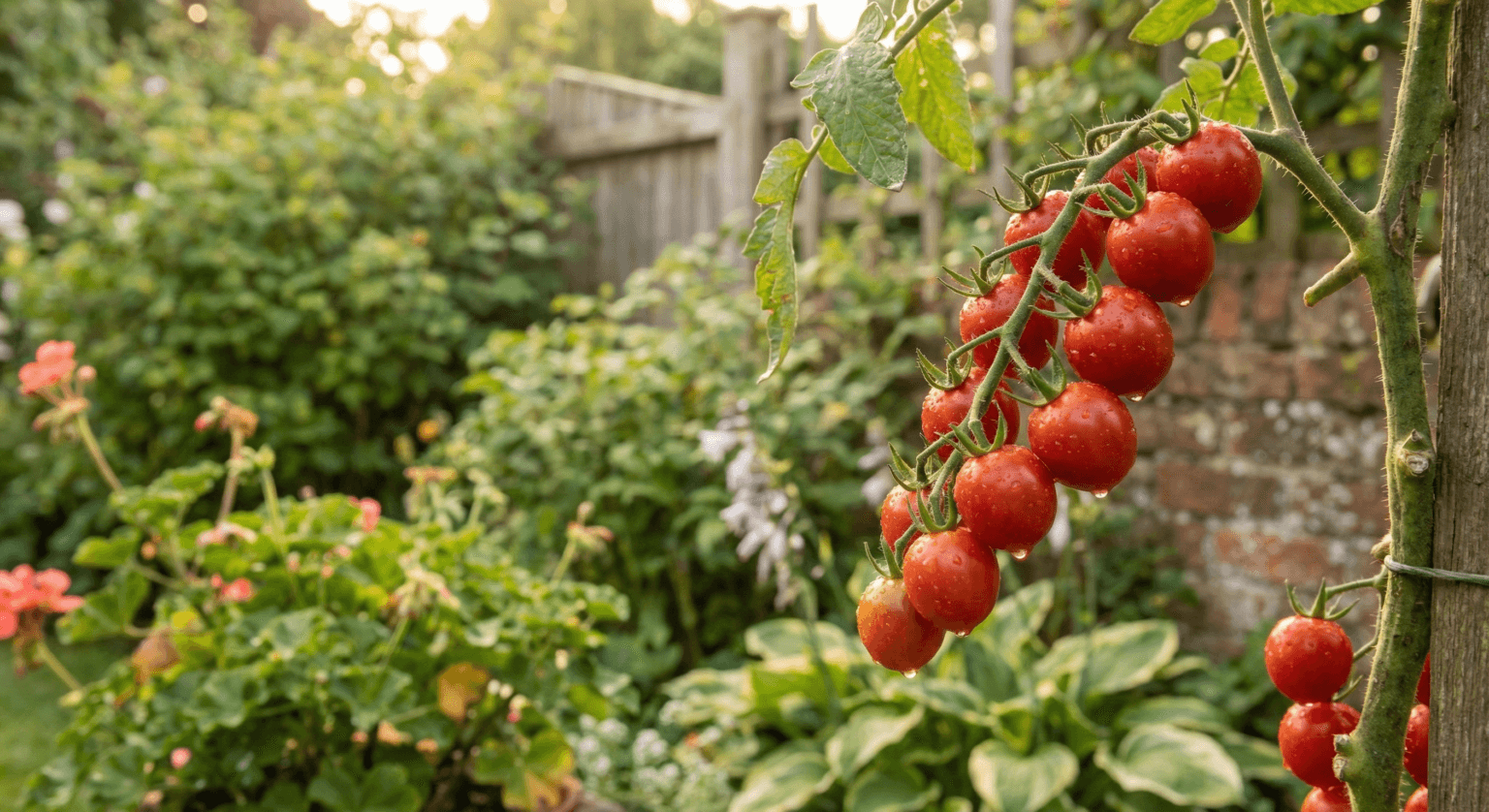 How to Grow Tomatoes in the UK: A Complete Guide Tomatoes growing on the vine in a UK garden greenhouse, summer harvest