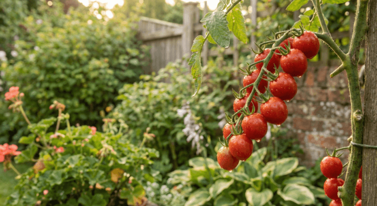 Tomatoes growing on the vine in a UK garden greenhouse, summer harvest